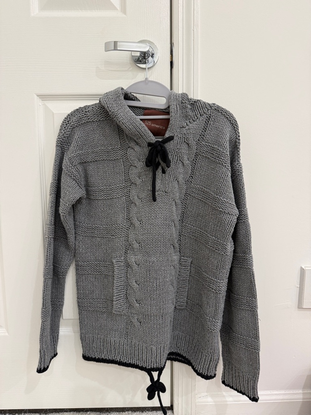 525 America Gray Cable-Knit Hooded Sweater with Drawstring. Size medium